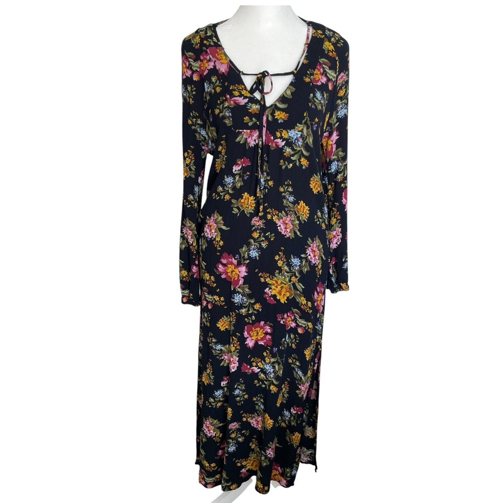Natural Life Rowan Midi Dress Size M Black Floral Long Sleeve Gauzy Cottage Boho